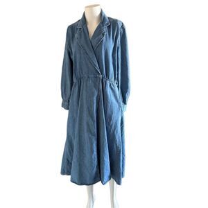 Ms Chaus women’s 90s vintage long sleeve denim blue jean collared dress midi lar